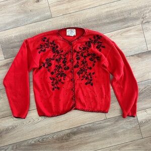Heirloom Collectibles Beaded Floral Red Cardigan Y2K Holiday Vintage PM